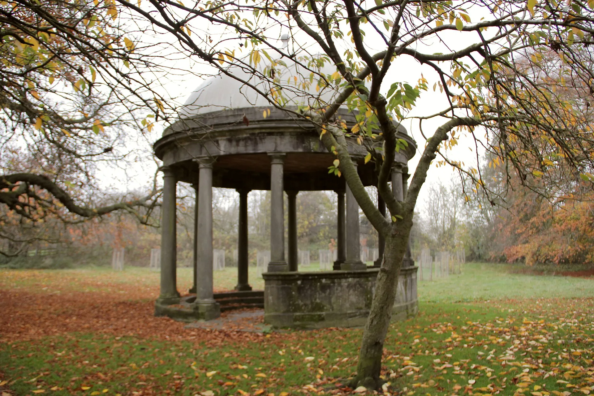 The domed stone well cover of Tewit Well among autumn trees on The Stray